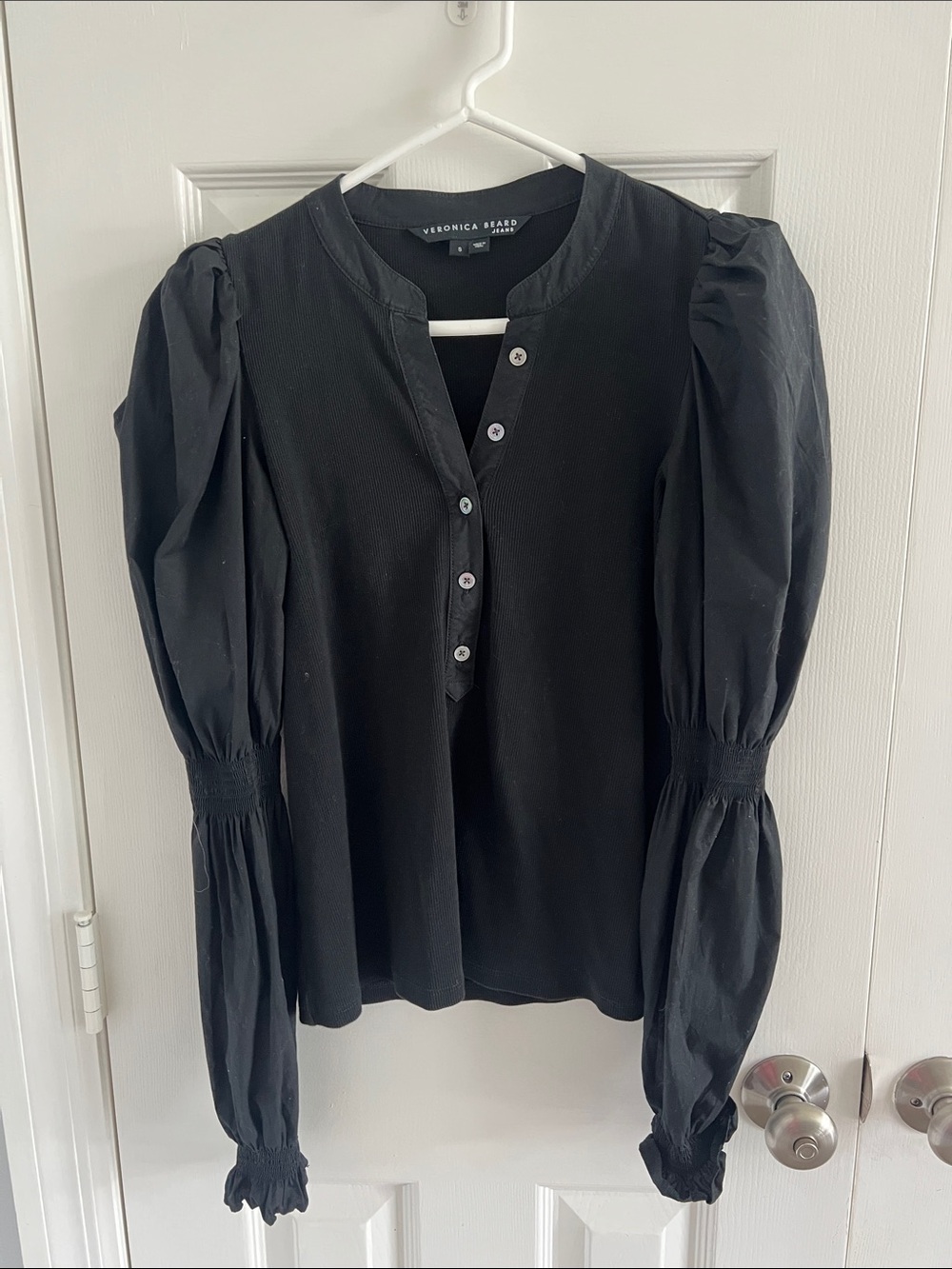 Veronica Beard Black Puff-Sleeve Henley Blouse